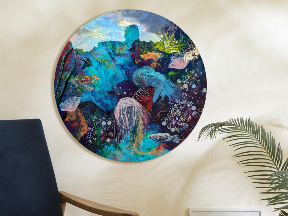 Mockup photo frame green wall mounted on the wooden cabinet.