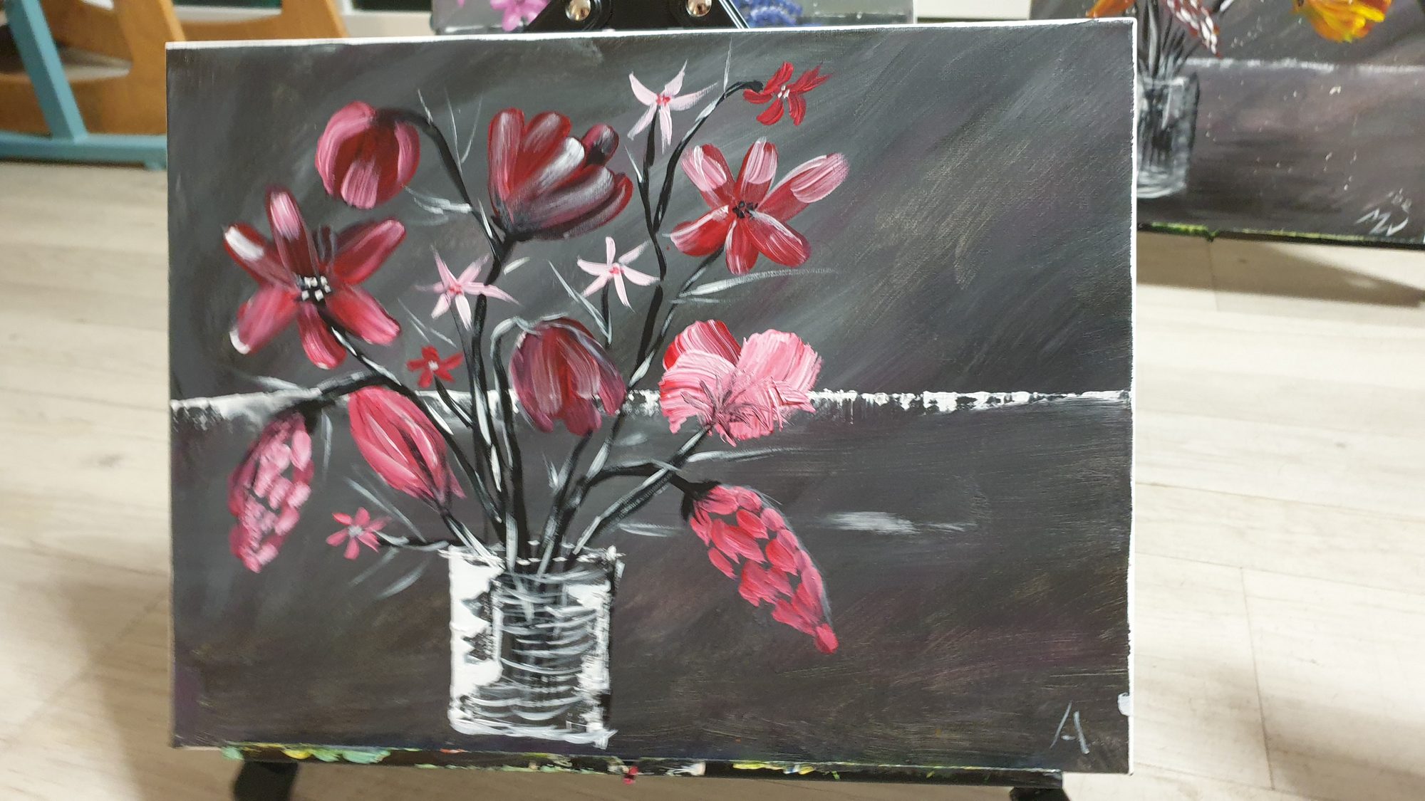 acrylbild-rote-blumen-vase