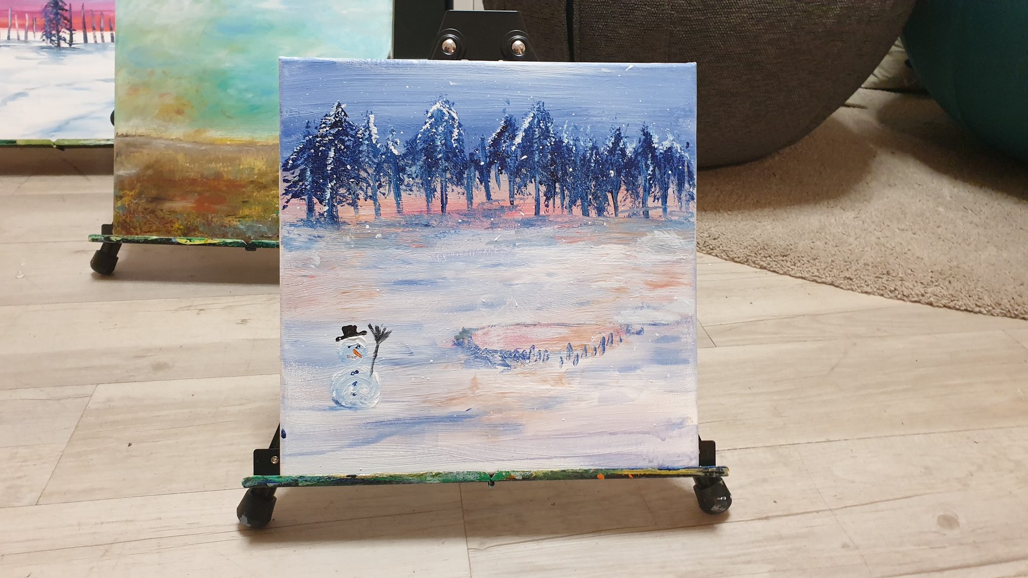 acrylbild-winterwald-schneemann